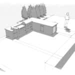 A drawing of an outdoor kitchen with a table and chairs.