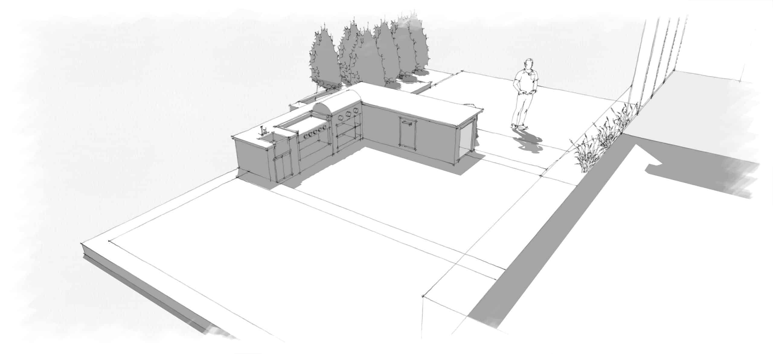 A drawing of an outdoor kitchen with a table and chairs.