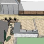 A 3d rendering of a house with a patio area.