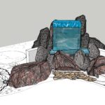 A drawing of a waterfall in a rock garden.