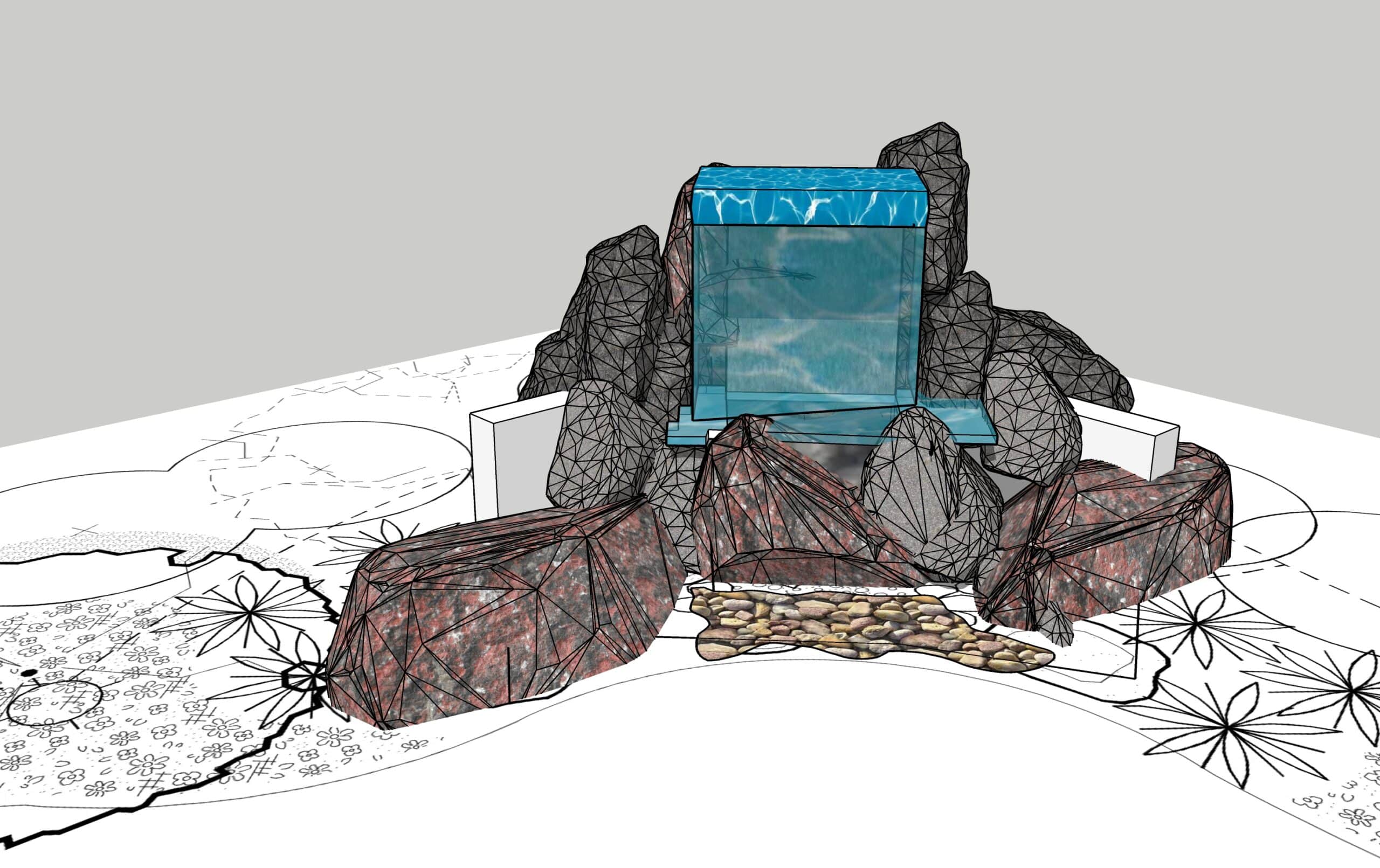 A drawing of a waterfall in a rock garden.