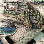 A sketch of a garden with a fountain and fountain pen.