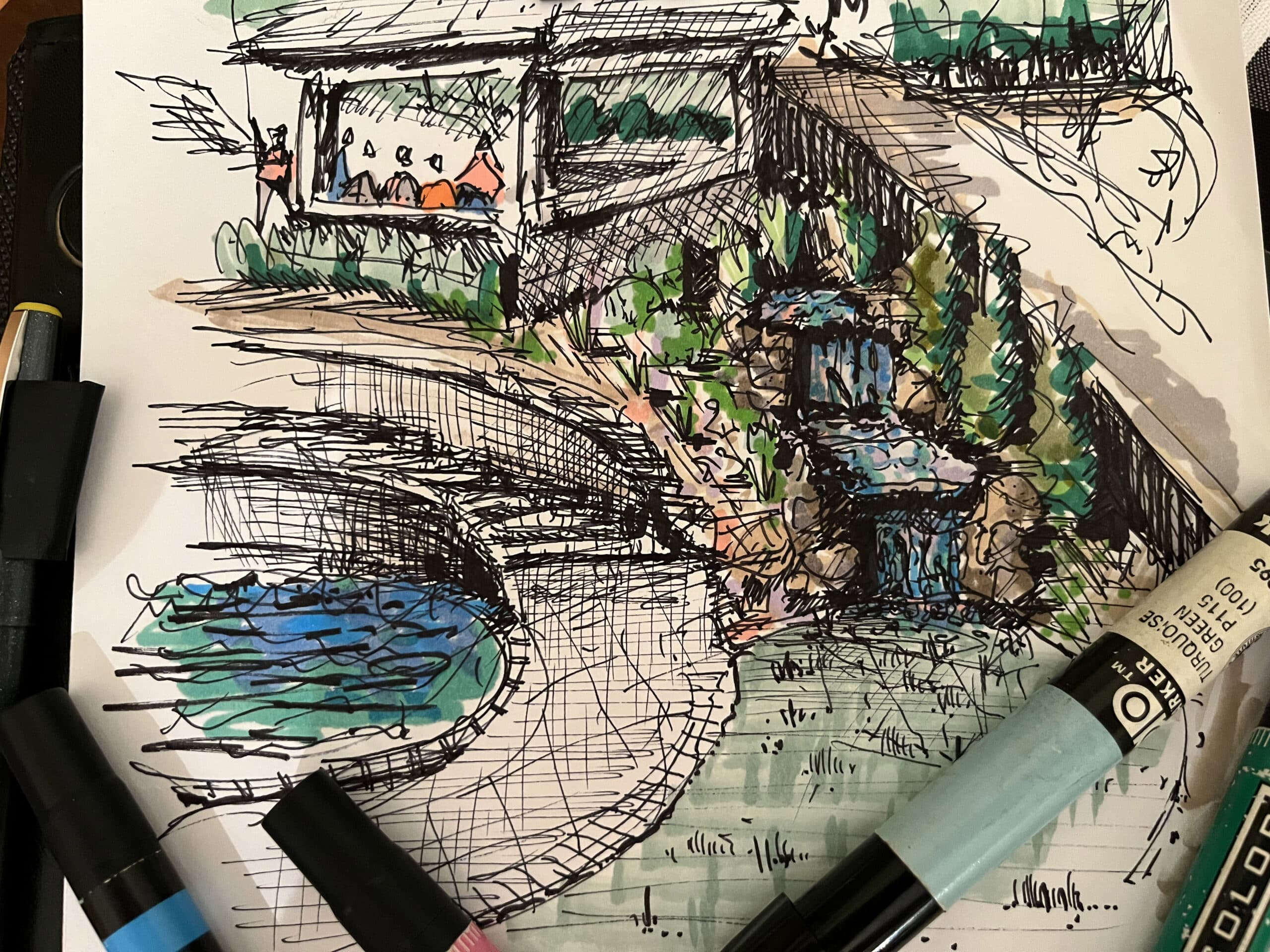 A sketch of a garden with a fountain and fountain pen.