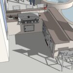 A kitchen with a large grill and chairs.