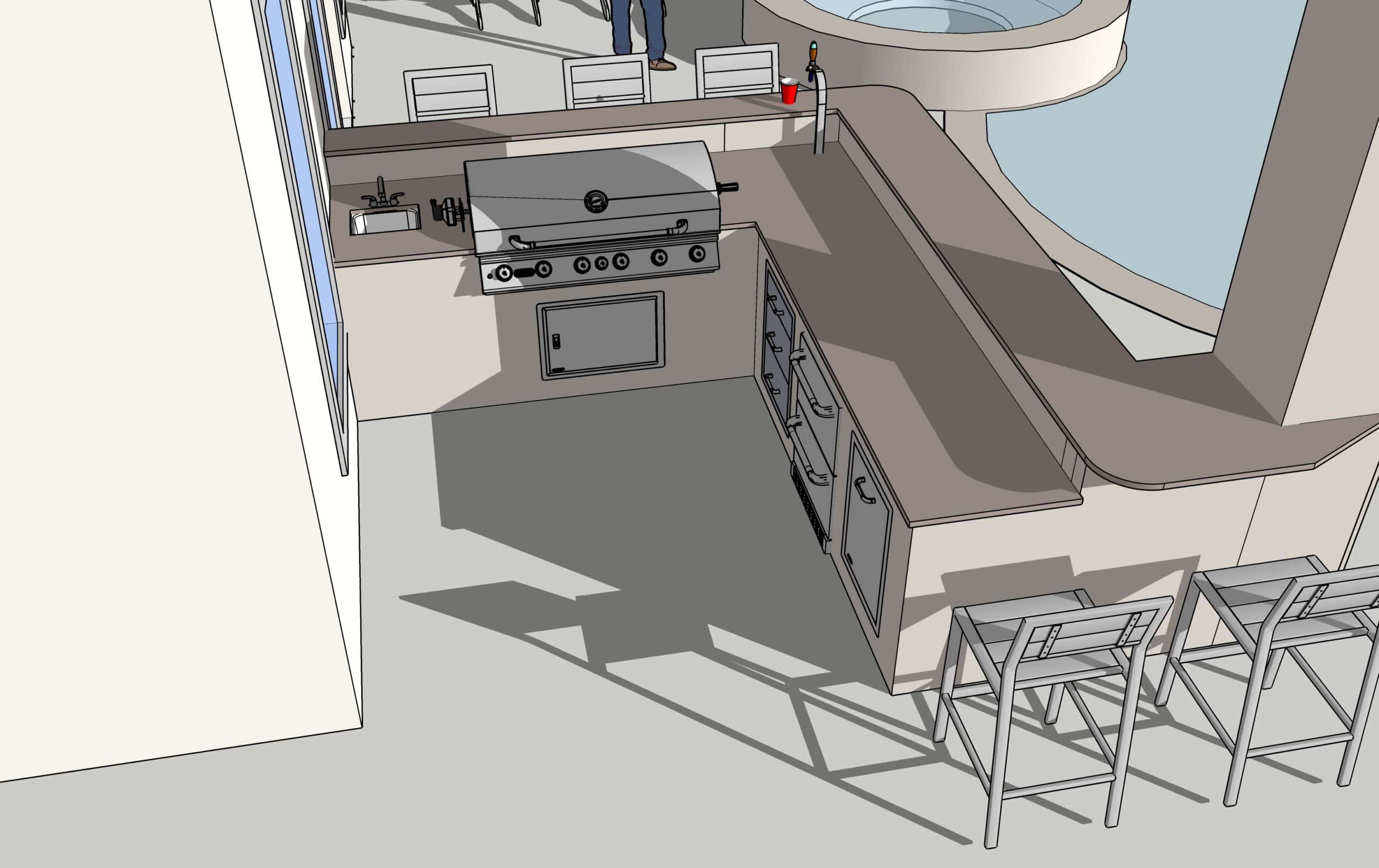 A kitchen with a large grill and chairs.