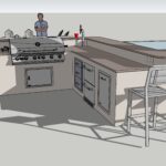 A rendering of an outdoor kitchen with stools and a grill.