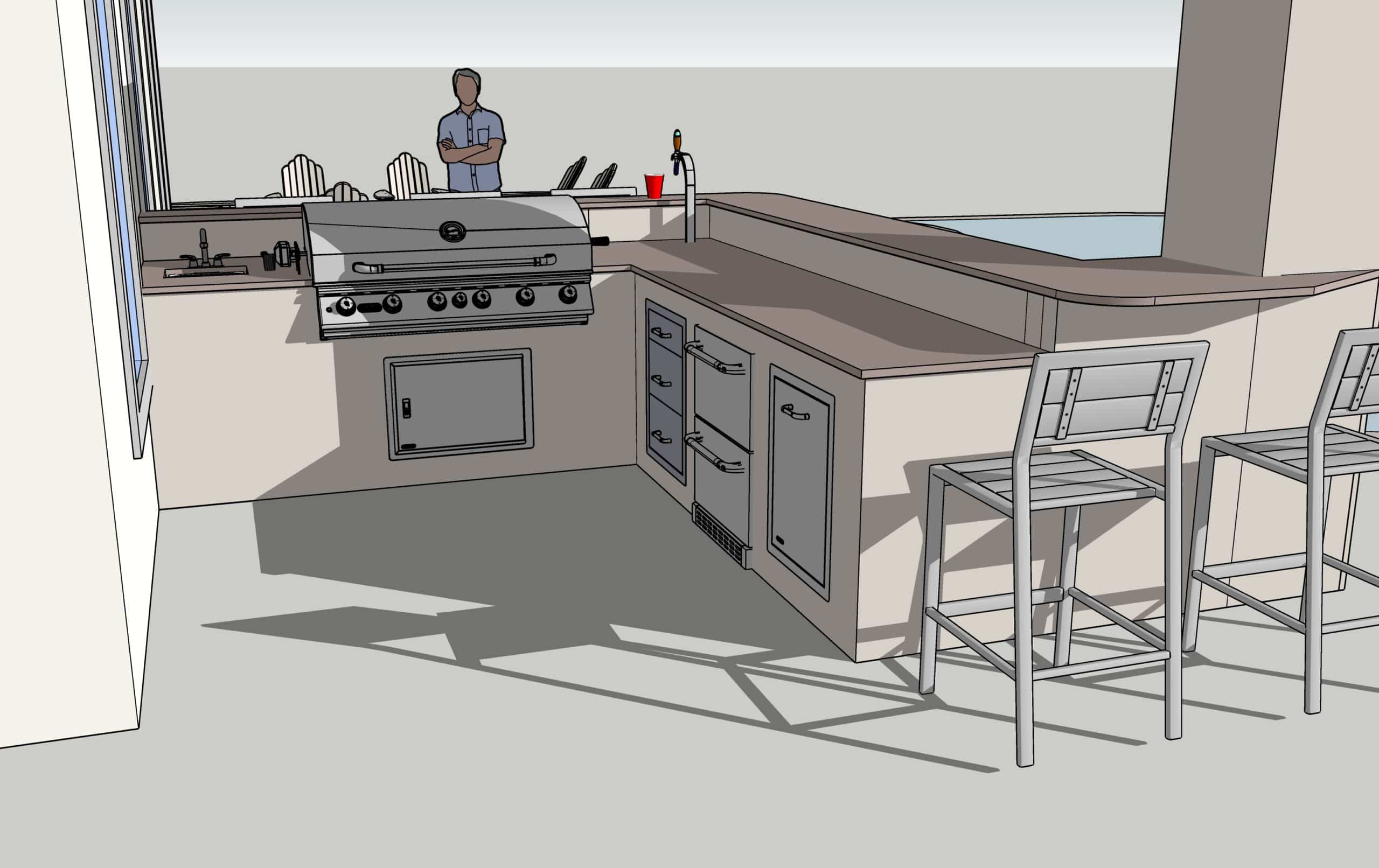 A rendering of an outdoor kitchen with stools and a grill.
